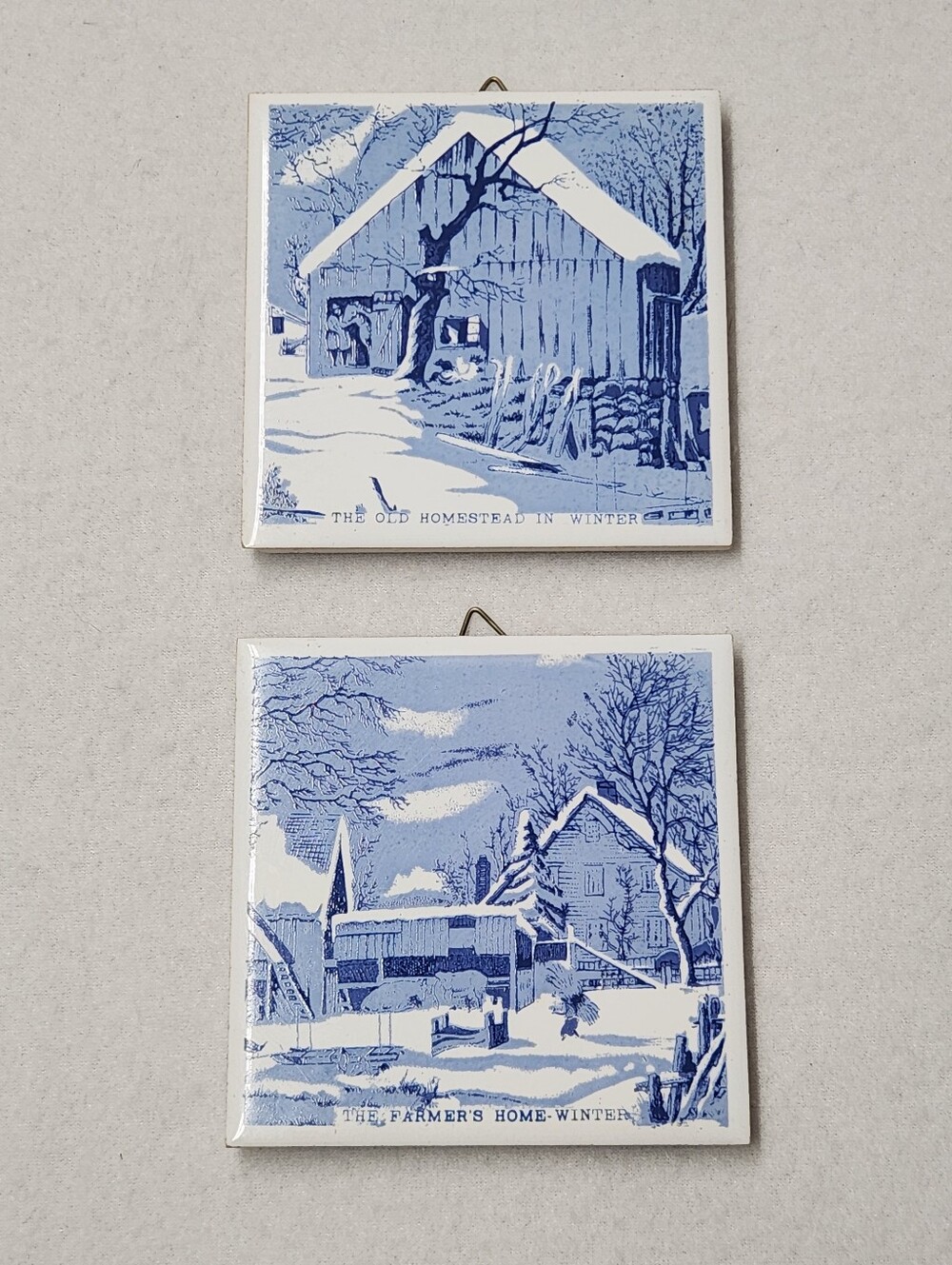 Vintage Currier & Ives Blue White Ceramic Wall Tile Plaque Set Cottagecore Folk